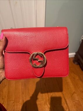 Gucci Red Pebbled Leather Crossbody with Gold Double G